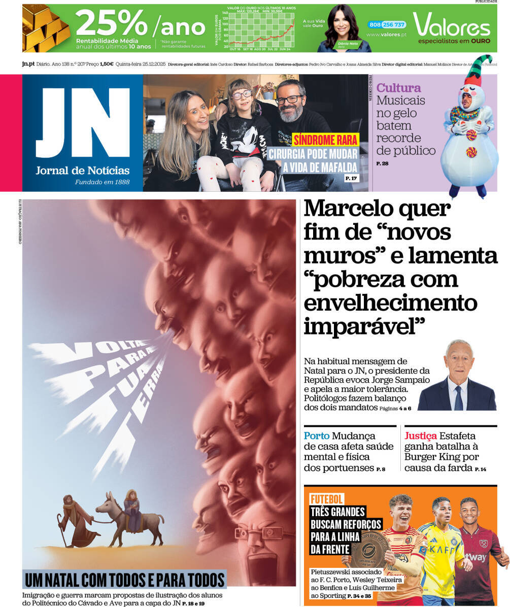 Jornal de Not&iacute;cias: Capa da Edi&ccedil;&atilde;o de quinta-feira, 25 de dezembro 2025