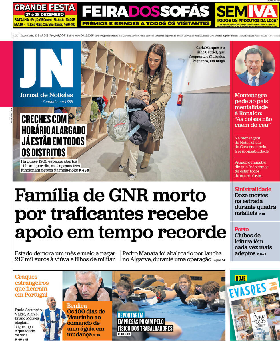 Jornal de Not&iacute;cias: Capa da Edi&ccedil;&atilde;o de sexta-feira, 26 de dezembro 2025