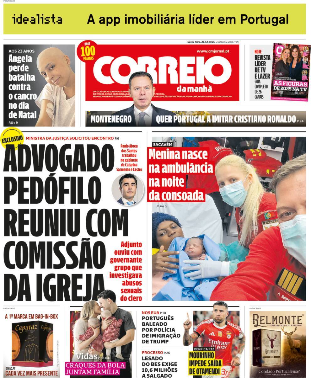 Correio da Manh&atilde;: Capa da Edi&ccedil;&atilde;o de sexta-feira, 26 de dezembro 2025