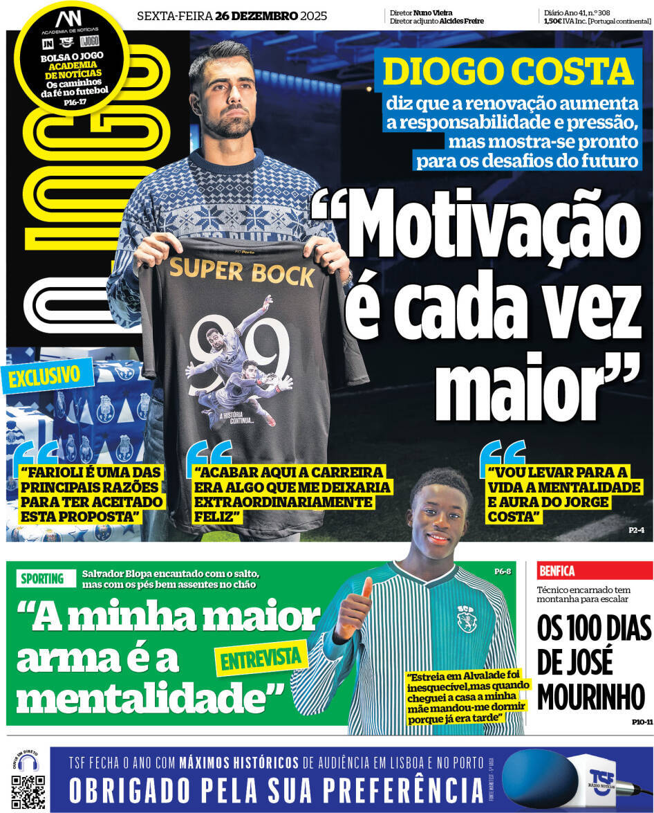 O Jogo: Capa da Edi&ccedil;&atilde;o de sexta-feira, 26 de dezembro 2025