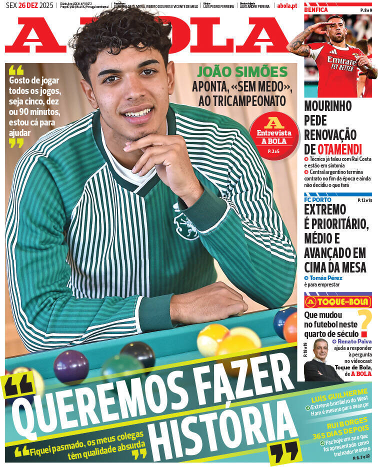 A Bola: Capa da Edi&ccedil;&atilde;o de sexta-feira, 26 de dezembro 2025
