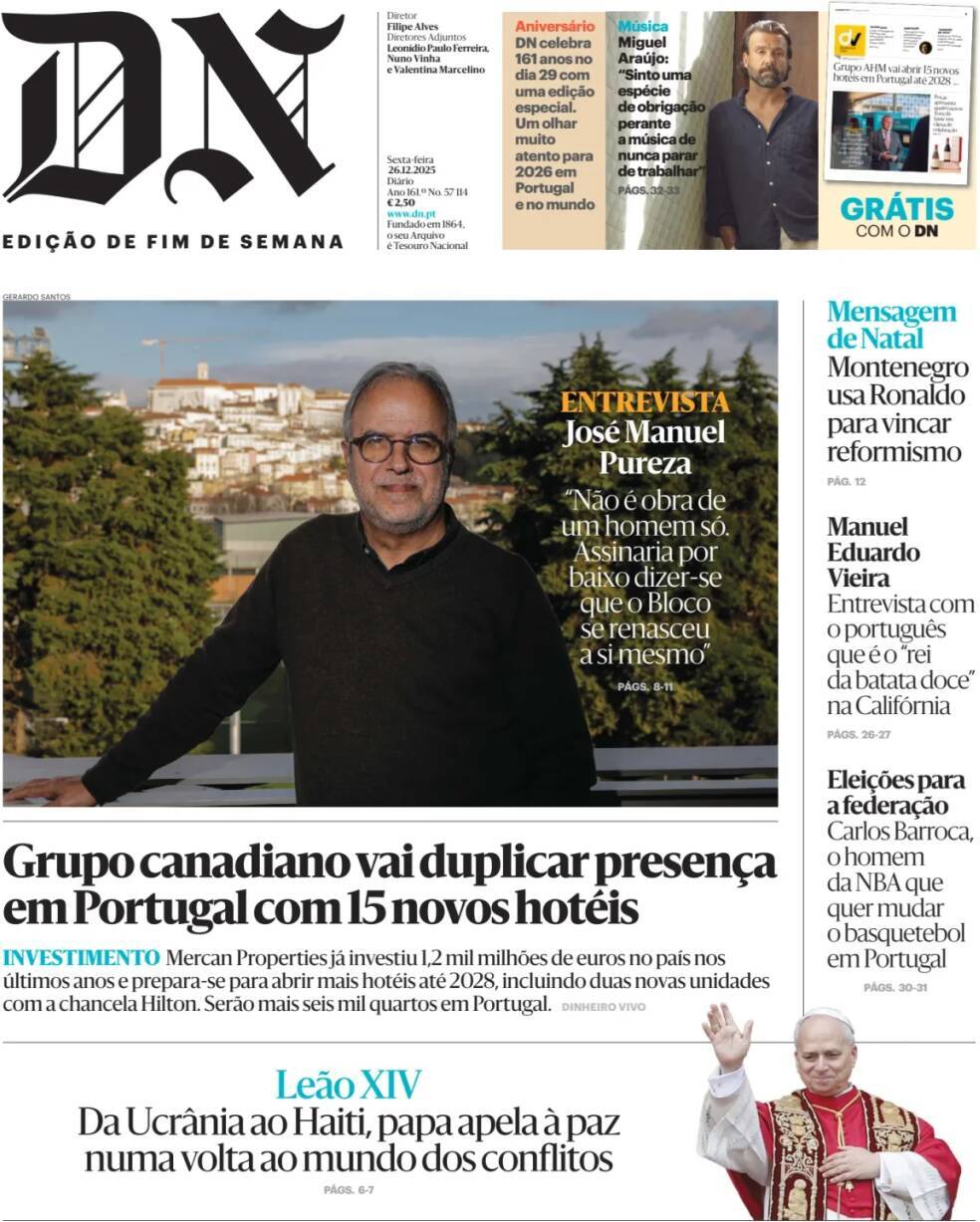 Di&aacute;rio de Not&iacute;cias: Capa da Edi&ccedil;&atilde;o de sexta-feira, 26 de dezembro 2025