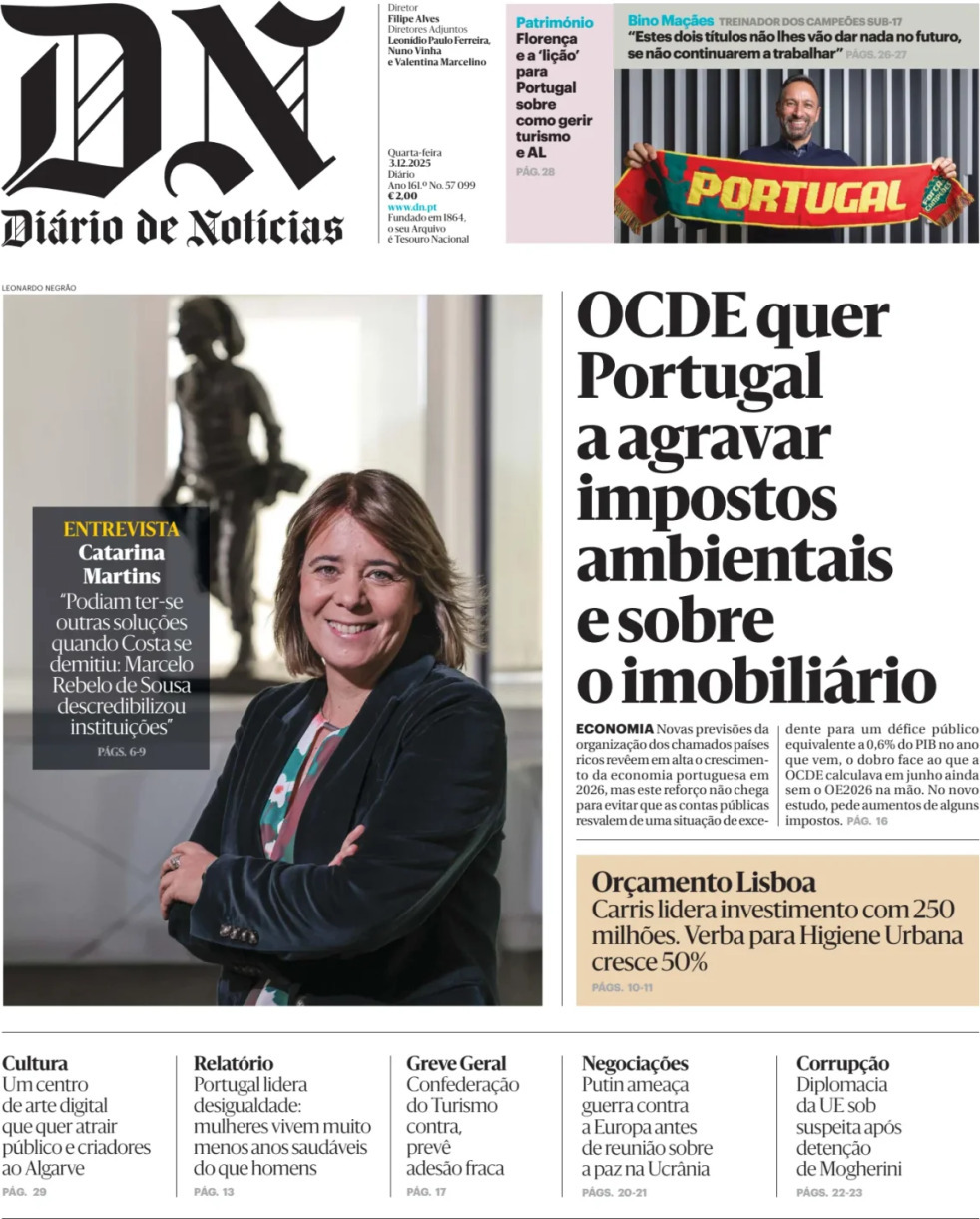 Di&aacute;rio de Not&iacute;cias: Capa da Edi&ccedil;&atilde;o de quarta-feira, 03 de dezembro 2025