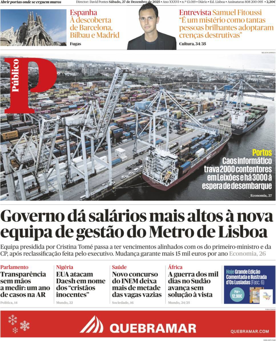 P&uacute;blico: Capa da Edi&ccedil;&atilde;o de s&aacute;bado, 27 de dezembro 2025
