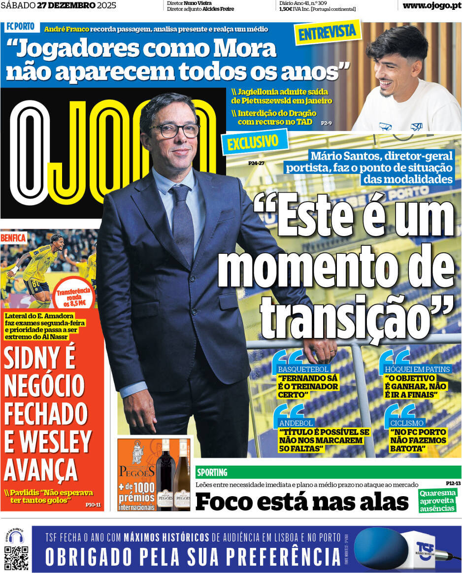 O Jogo: Capa da Edi&ccedil;&atilde;o de s&aacute;bado, 27 de dezembro 2025