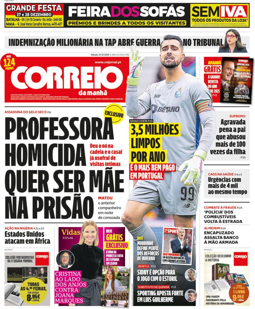Correio da Manh&atilde;: Capa da Edi&ccedil;&atilde;o de s&aacute;bado, 27 de dezembro 2025