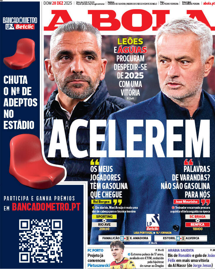 A Bola: Capa da Edi&ccedil;&atilde;o de domingo, 28 de dezembro 2025
