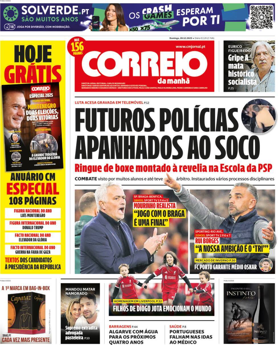 Correio da Manh&atilde;: Capa da Edi&ccedil;&atilde;o de domingo, 28 de dezembro 2025