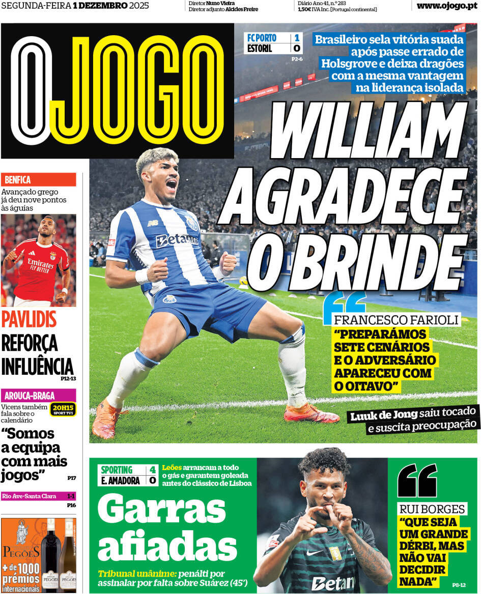 O Jogo: Capa da Edi&ccedil;&atilde;o de segunda-feira, 01 de dezembro 2025