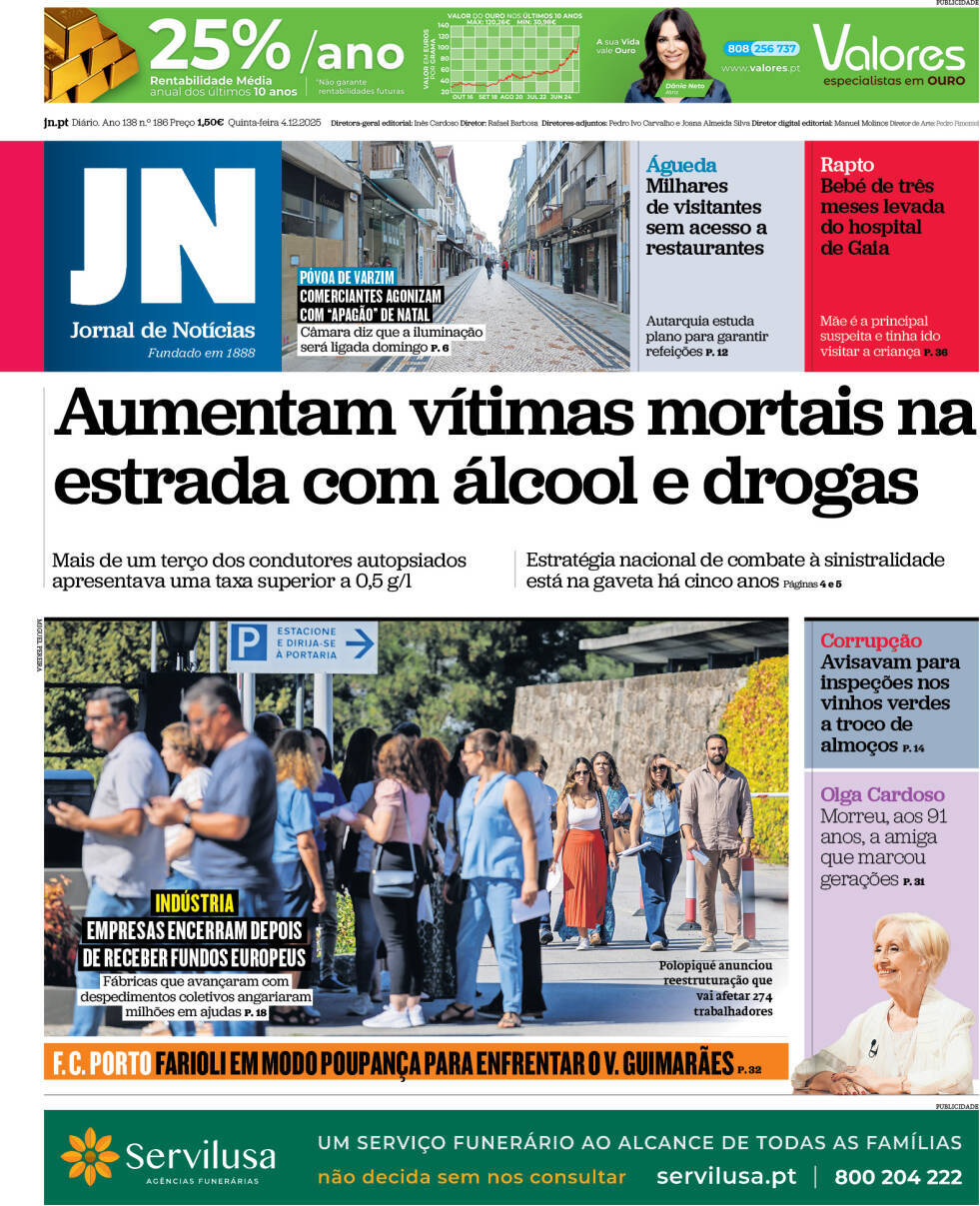 Jornal de Not&iacute;cias: Capa da Edi&ccedil;&atilde;o de quinta-feira, 04 de dezembro 2025
