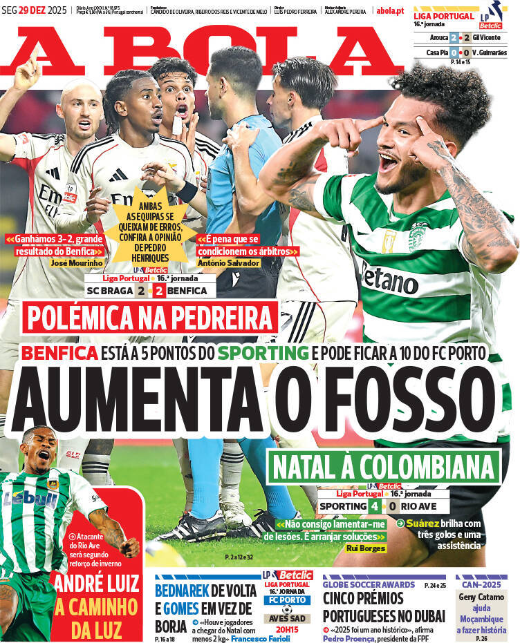 A Bola: Capa da Edi&ccedil;&atilde;o de segunda-feira, 29 de dezembro 2025