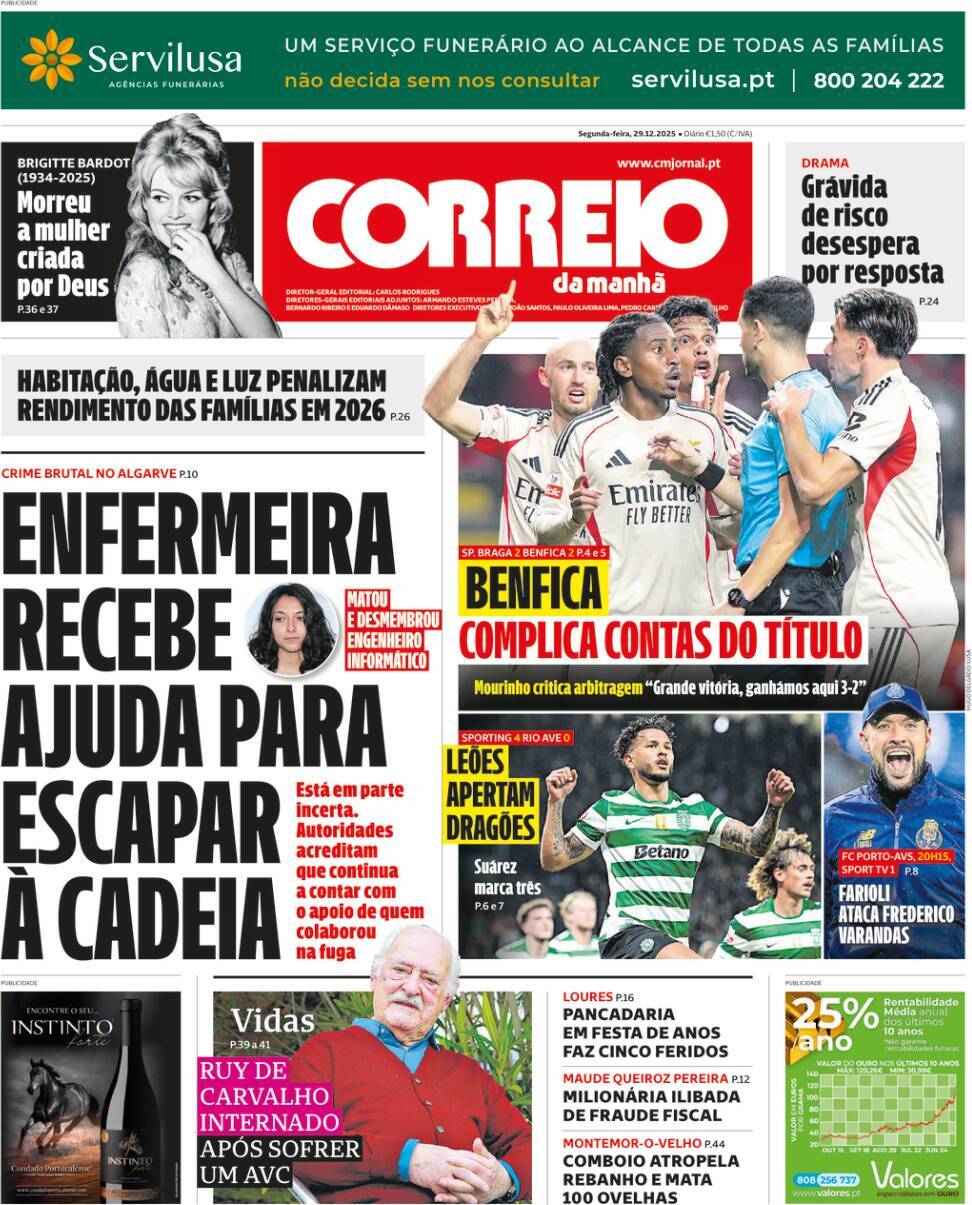 Correio da Manh&atilde;: Capa da Edi&ccedil;&atilde;o de segunda-feira, 29 de dezembro 2025