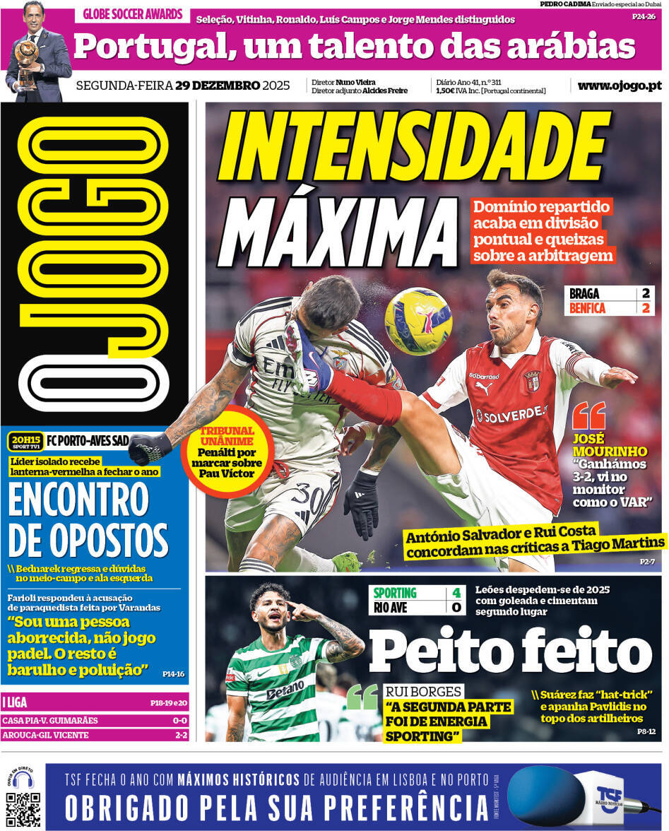 O Jogo: Capa da Edi&ccedil;&atilde;o de segunda-feira, 29 de dezembro 2025