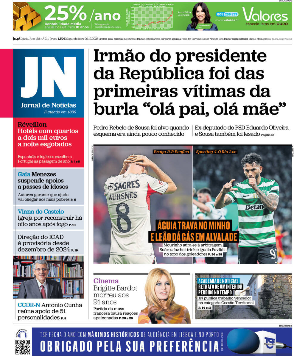 Jornal de Not&iacute;cias: Capa da Edi&ccedil;&atilde;o de segunda-feira, 29 de dezembro 2025