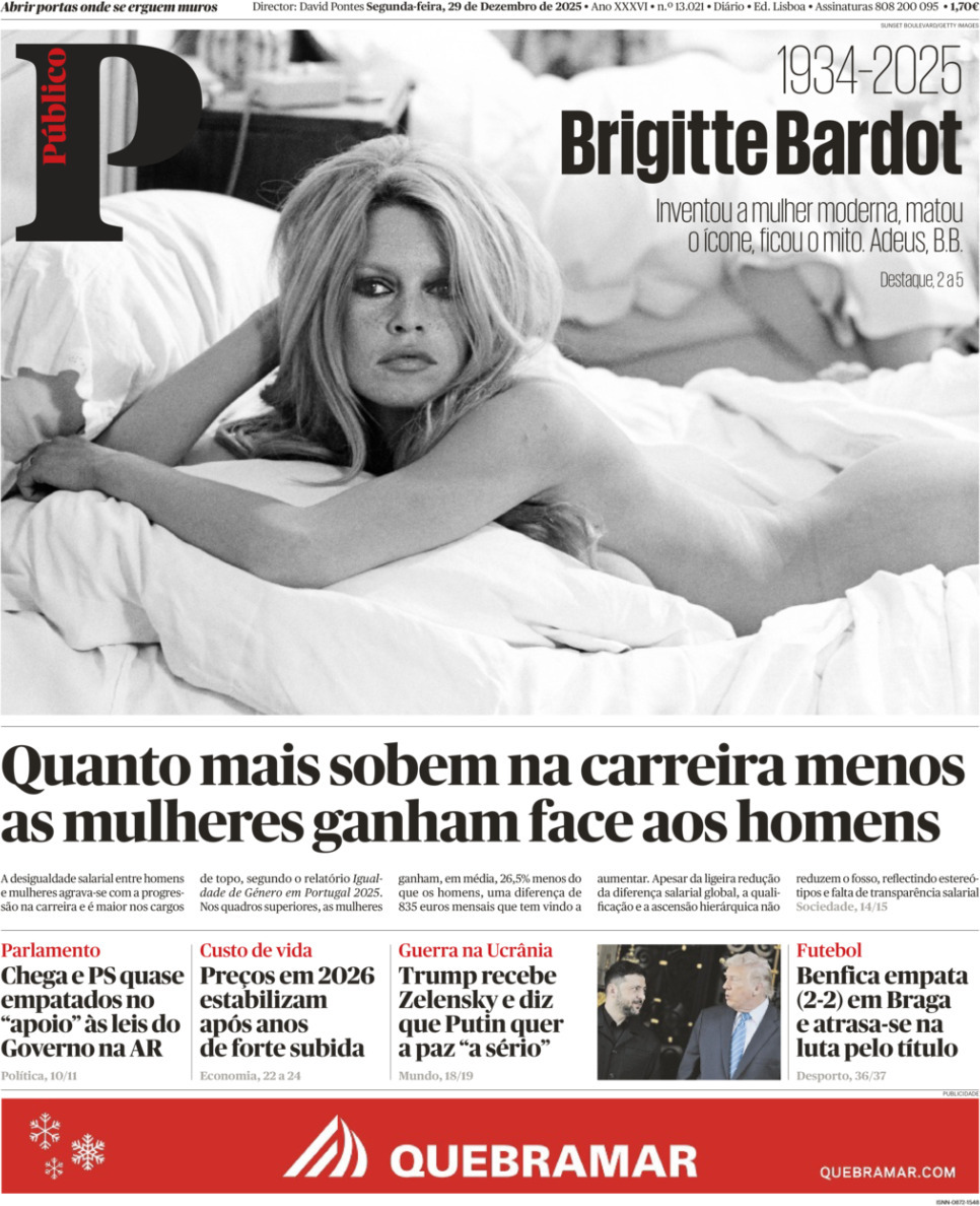 P&uacute;blico: Capa da Edi&ccedil;&atilde;o de segunda-feira, 29 de dezembro 2025