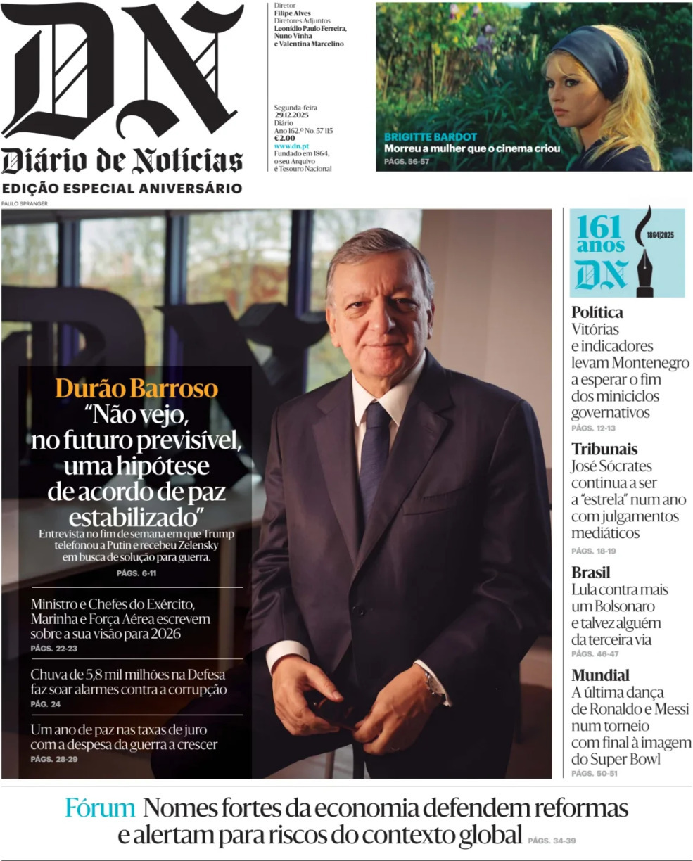 Di&aacute;rio de Not&iacute;cias: Capa da Edi&ccedil;&atilde;o de segunda-feira, 29 de dezembro 2025