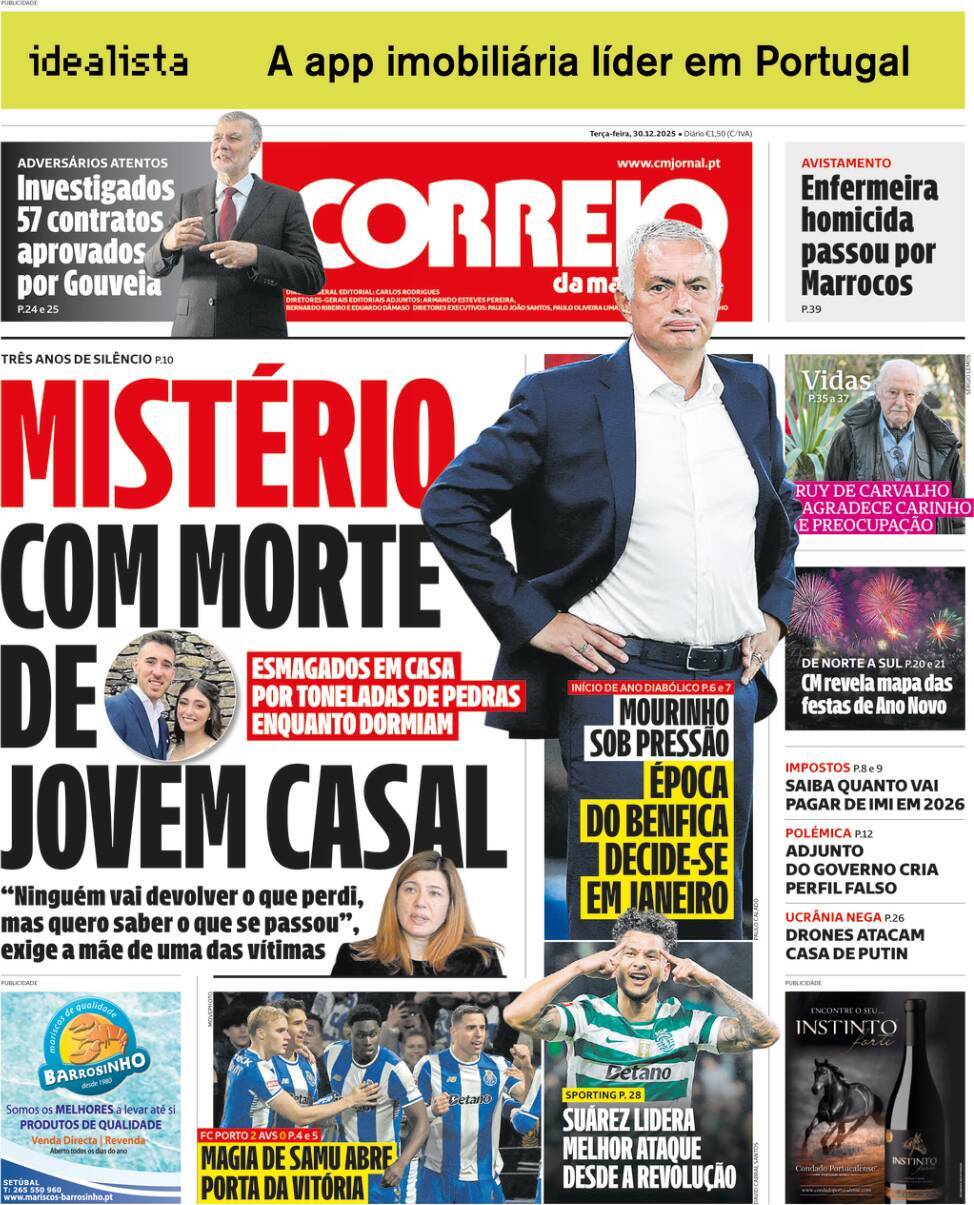 Correio da Manh&atilde;: Capa da Edi&ccedil;&atilde;o de ter&ccedil;a-feira, 30 de dezembro 2025