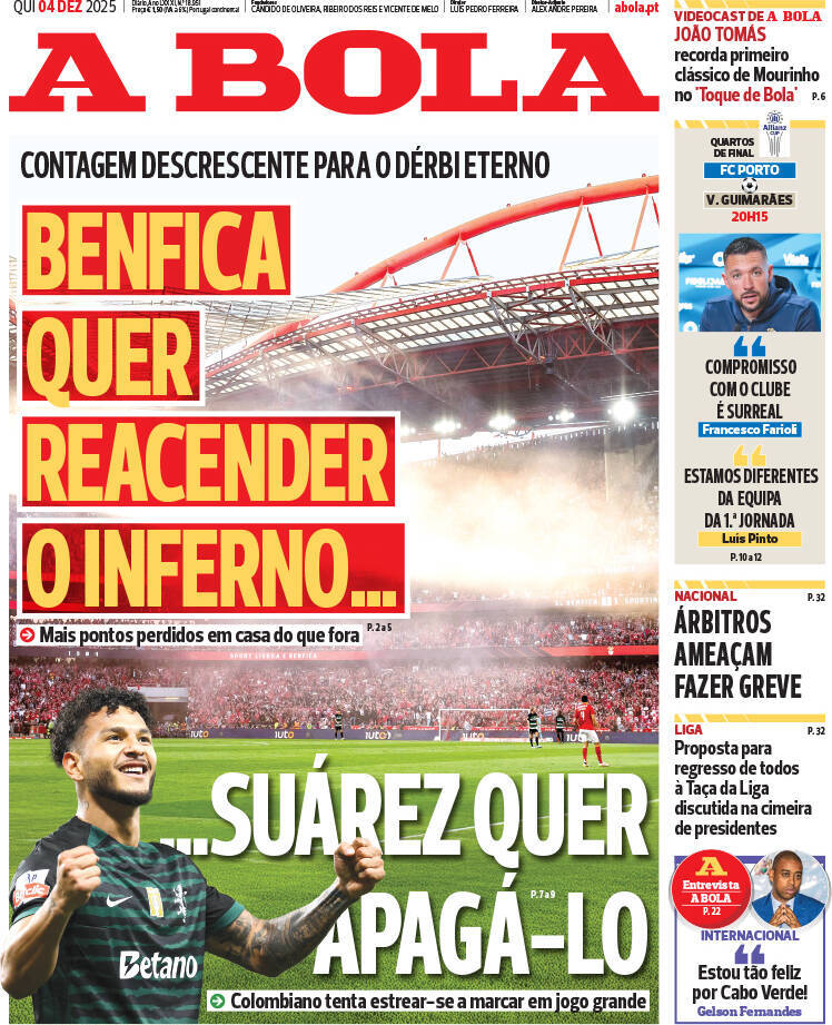 A Bola: Capa da Edi&ccedil;&atilde;o de quinta-feira, 04 de dezembro 2025