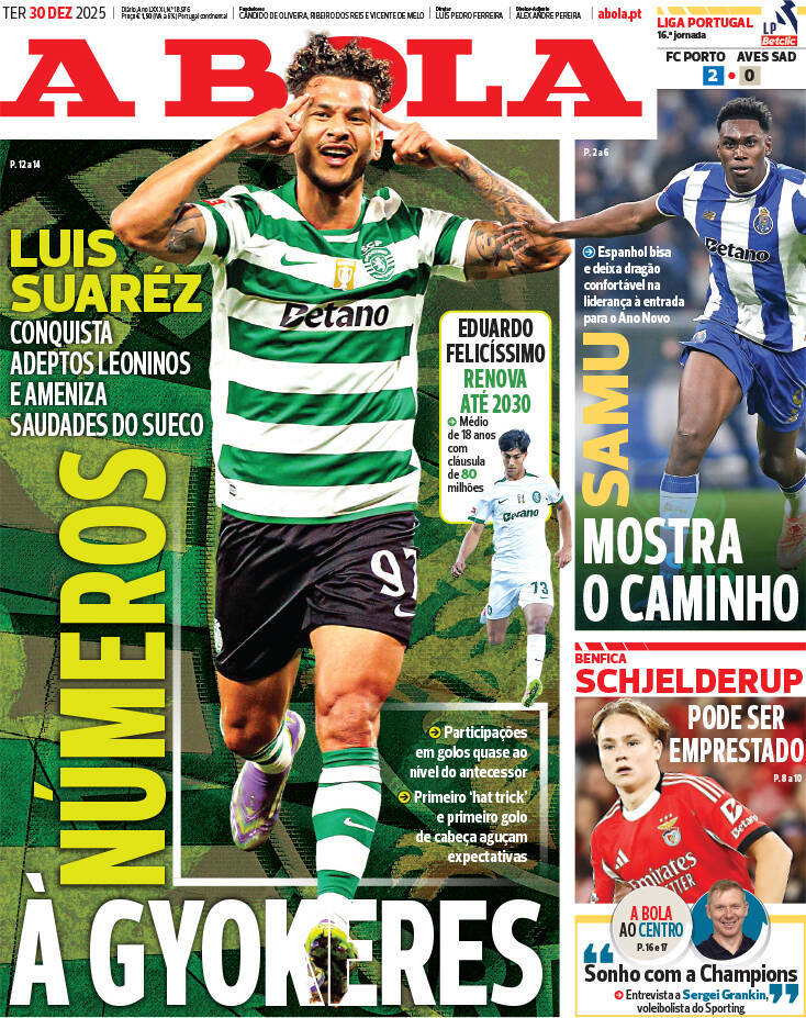 A Bola: Capa da Edi&ccedil;&atilde;o de ter&ccedil;a-feira, 30 de dezembro 2025