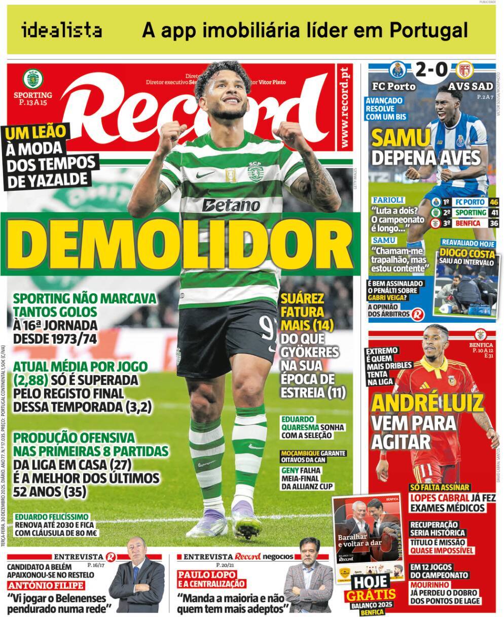 Record: Capa da Edi&ccedil;&atilde;o de ter&ccedil;a-feira, 30 de dezembro 2025