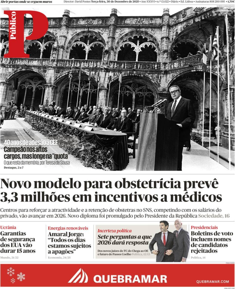 P&uacute;blico: Capa da Edi&ccedil;&atilde;o de ter&ccedil;a-feira, 30 de dezembro 2025
