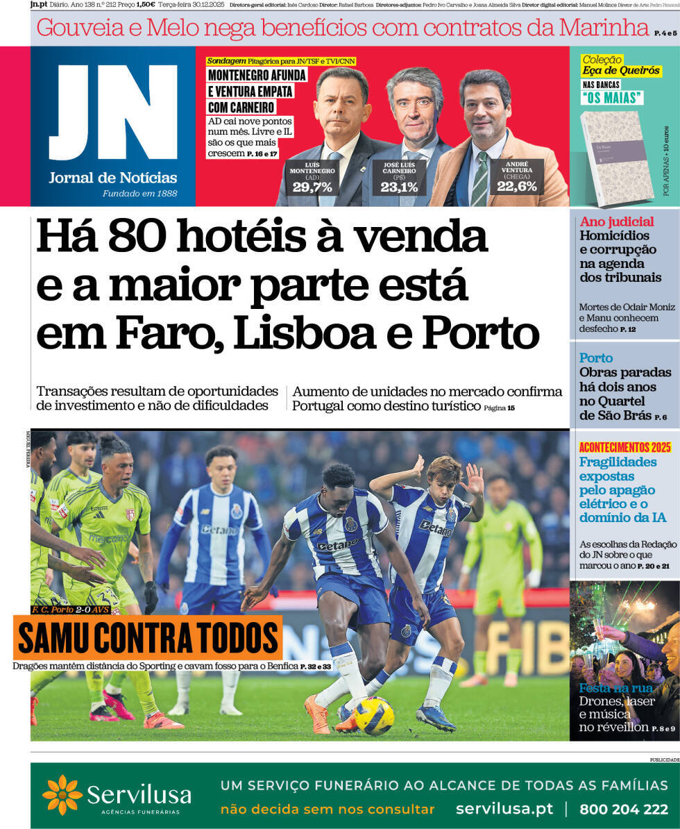 Jornal de Not&iacute;cias: Capa da Edi&ccedil;&atilde;o de ter&ccedil;a-feira, 30 de dezembro 2025