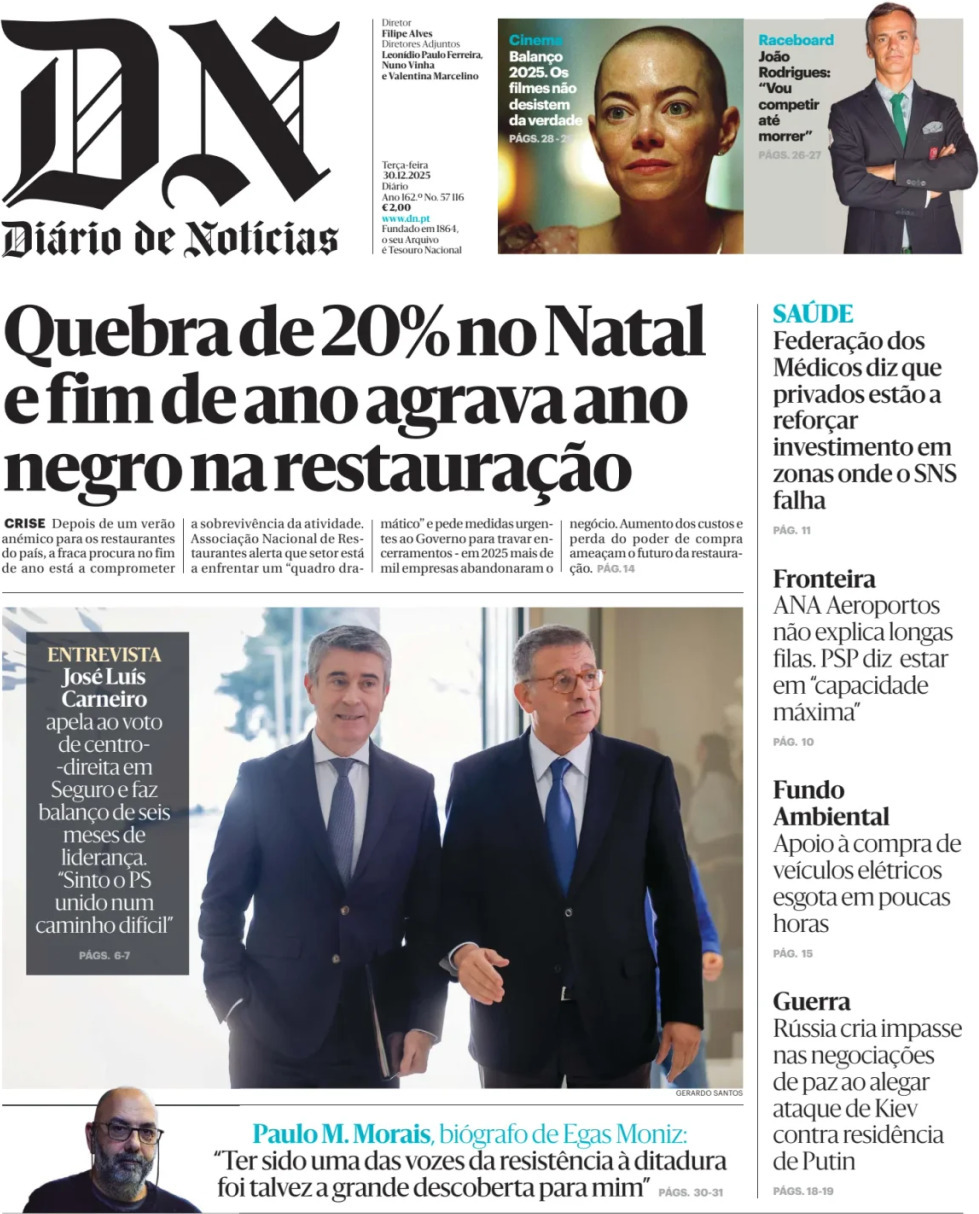 Di&aacute;rio de Not&iacute;cias: Capa da Edi&ccedil;&atilde;o de ter&ccedil;a-feira, 30 de dezembro 2025