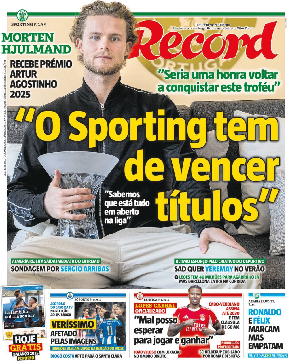 Record: Capa da Edi&ccedil;&atilde;o de quarta-feira, 31 de dezembro 2025