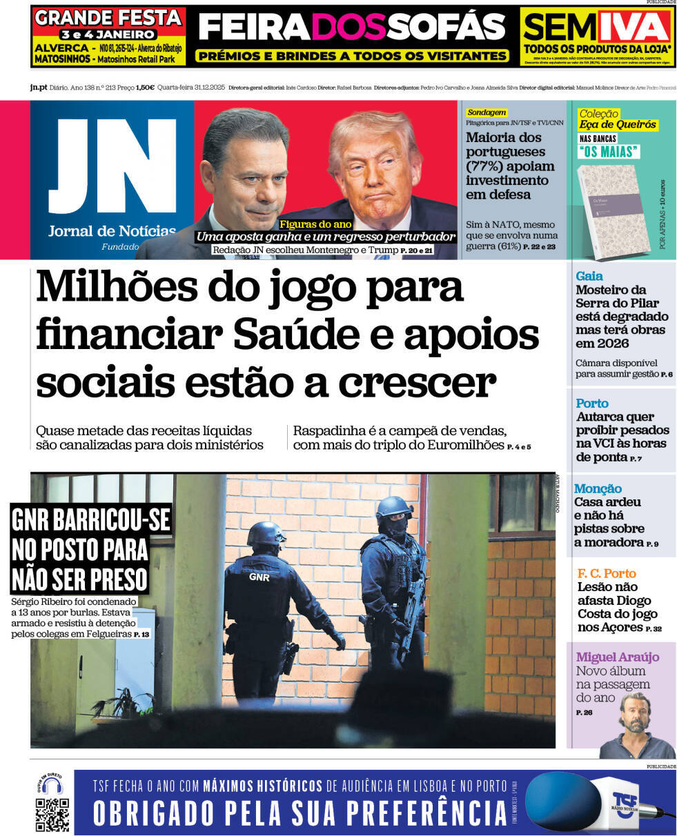 Jornal de Not&iacute;cias: Capa da Edi&ccedil;&atilde;o de quarta-feira, 31 de dezembro 2025
