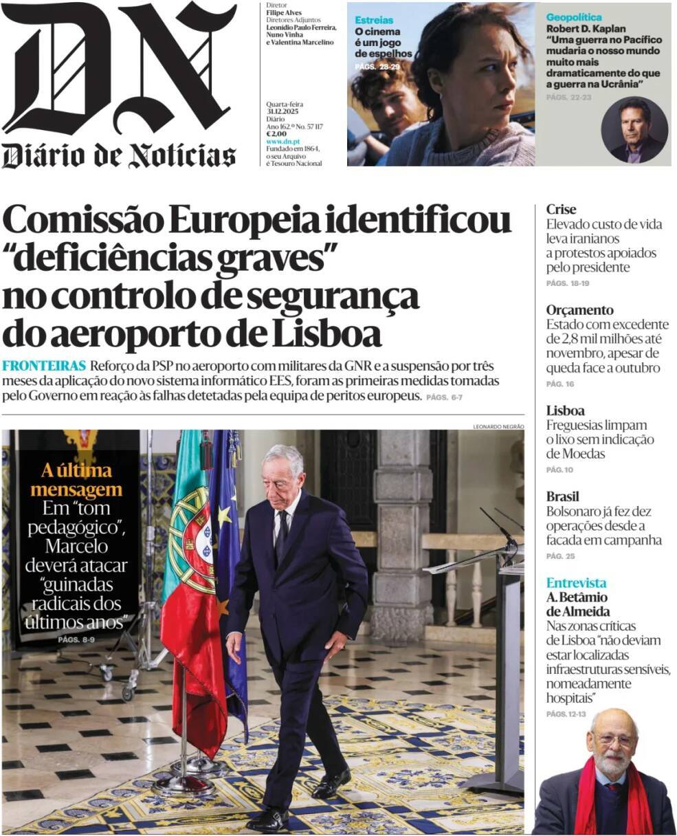 Di&aacute;rio de Not&iacute;cias: Capa da Edi&ccedil;&atilde;o de quarta-feira, 31 de dezembro 2025