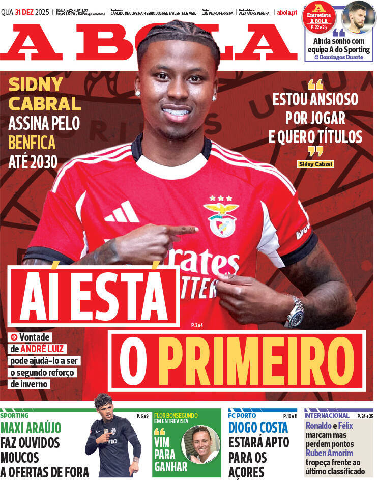 A Bola: Capa da Edi&ccedil;&atilde;o de quarta-feira, 31 de dezembro 2025
