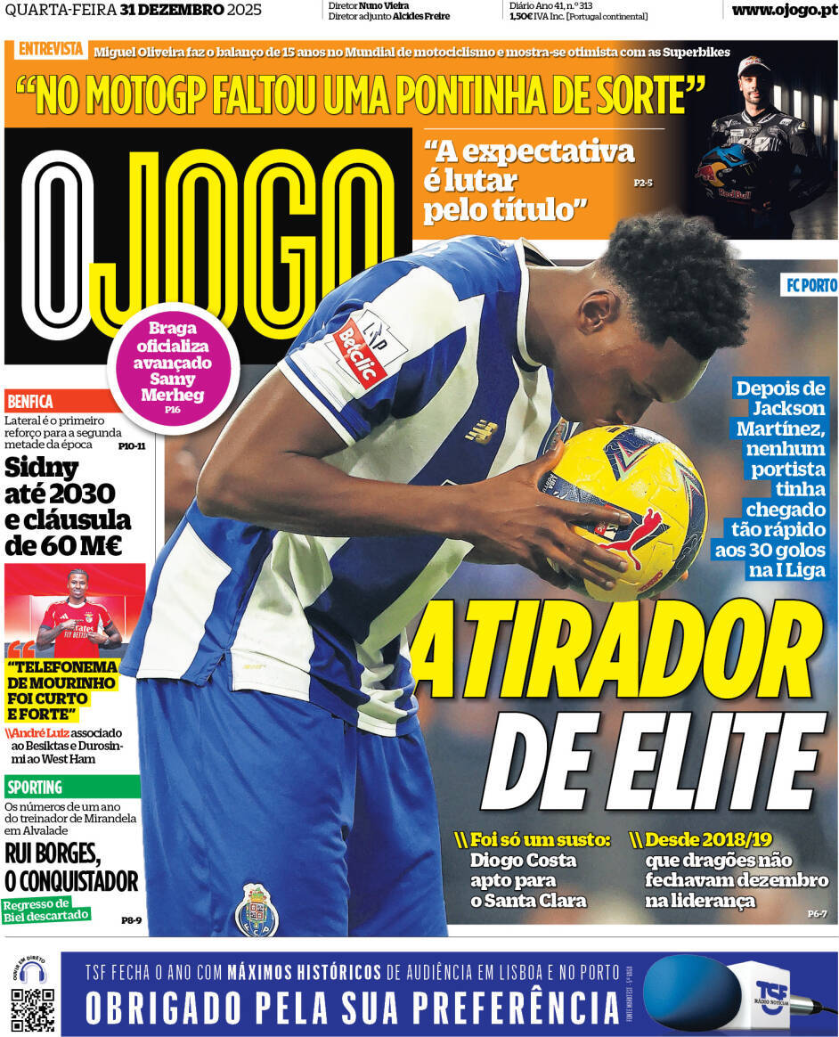 O Jogo: Capa da Edi&ccedil;&atilde;o de quarta-feira, 31 de dezembro 2025