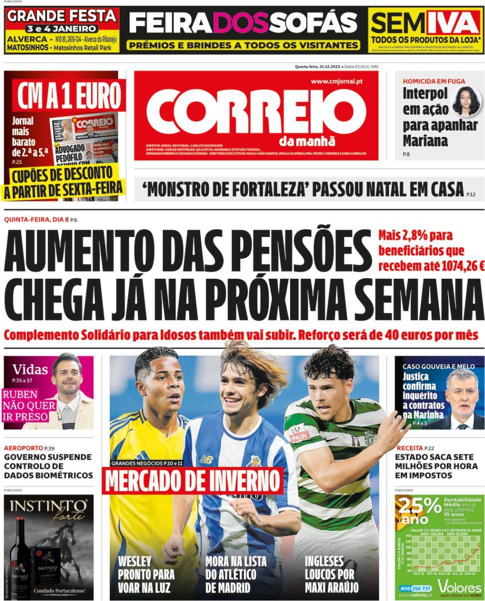 Correio da Manh&atilde;: Capa da Edi&ccedil;&atilde;o de quarta-feira, 31 de dezembro 2025