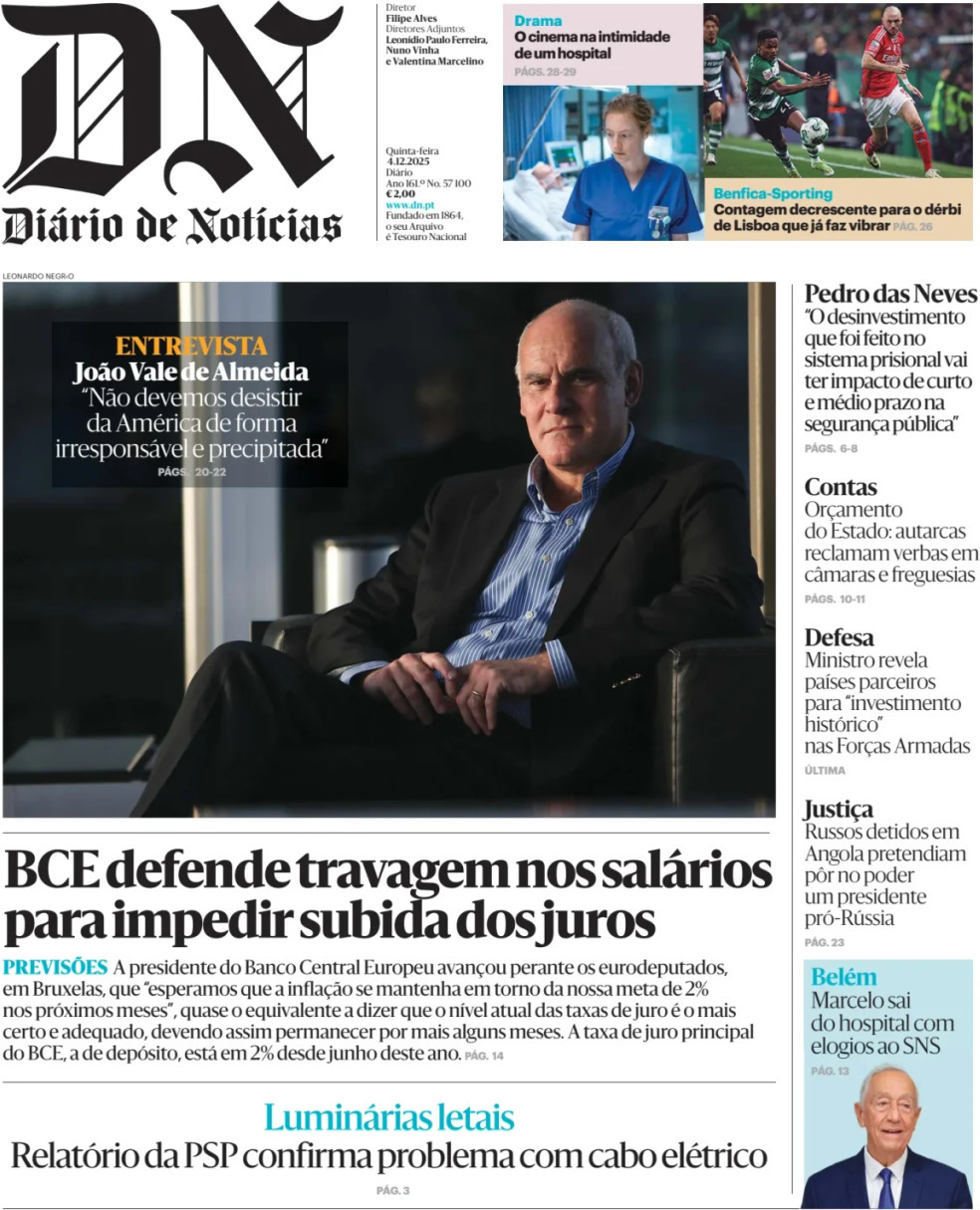 Di&aacute;rio de Not&iacute;cias: Capa da Edi&ccedil;&atilde;o de quinta-feira, 04 de dezembro 2025