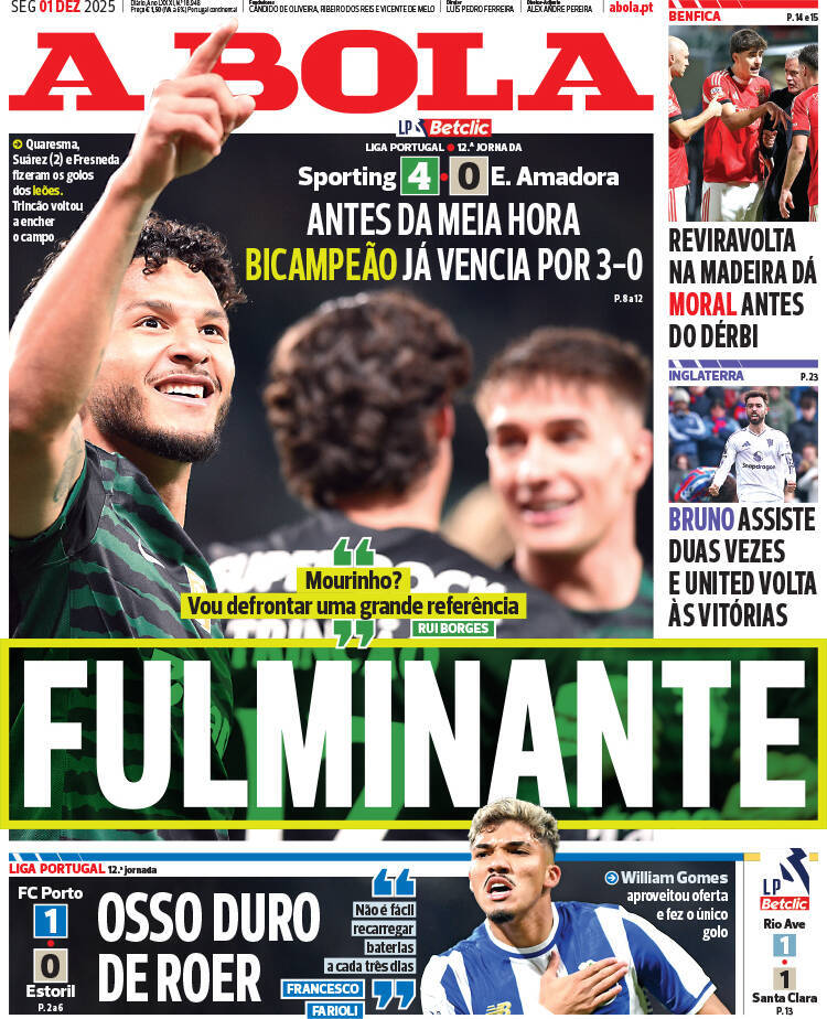 A Bola: Capa da Edi&ccedil;&atilde;o de segunda-feira, 01 de dezembro 2025