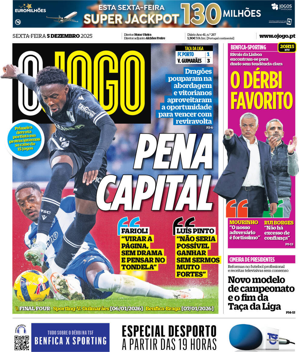 O Jogo: Capa da Edi&ccedil;&atilde;o de sexta-feira, 05 de dezembro 2025