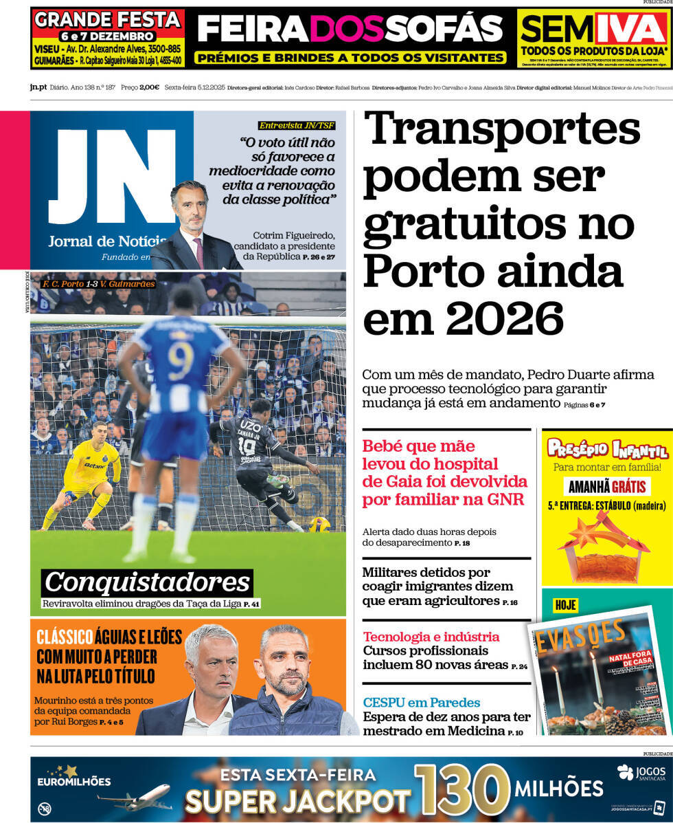 Jornal de Not&iacute;cias: Capa da Edi&ccedil;&atilde;o de sexta-feira, 05 de dezembro 2025