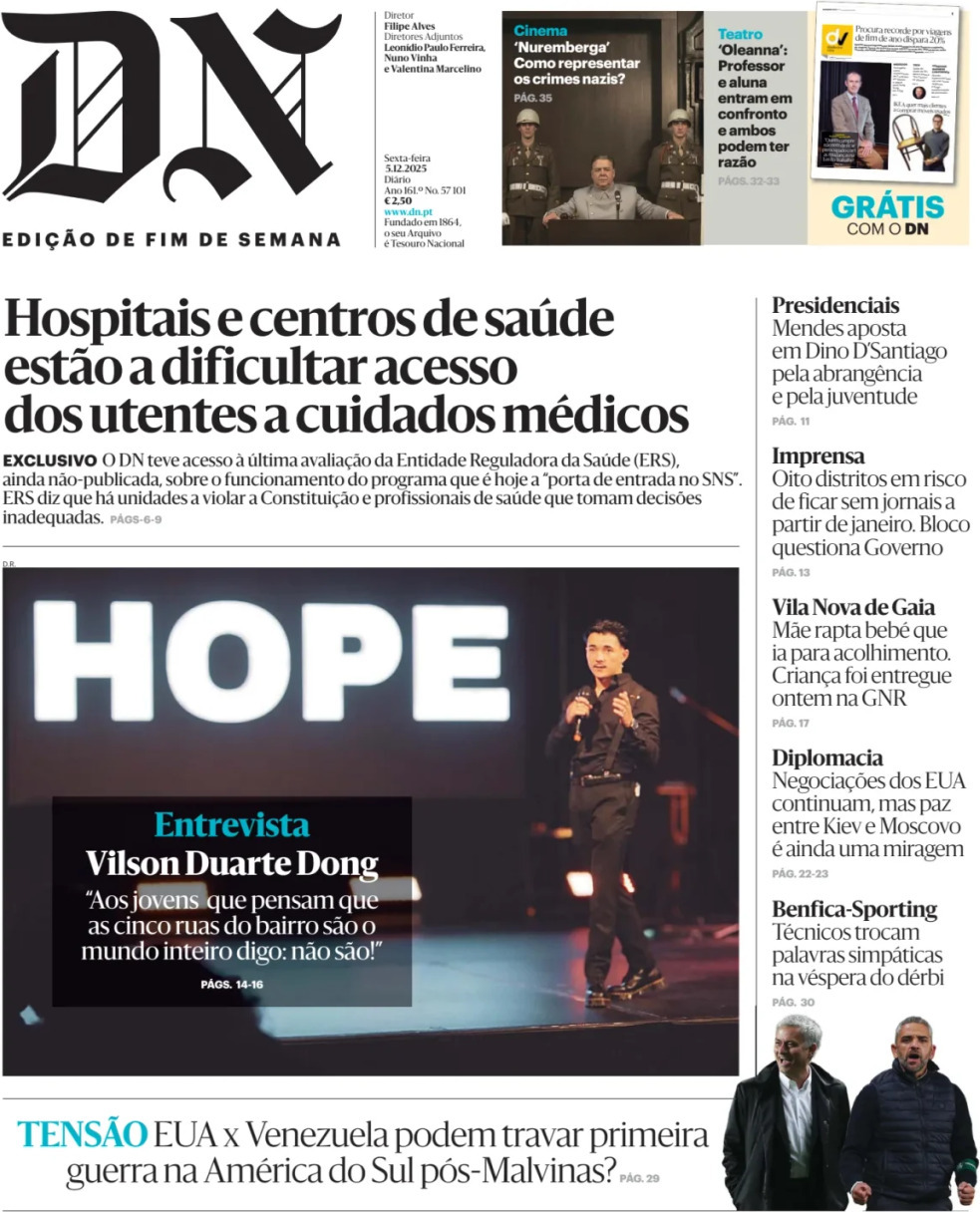 Di&aacute;rio de Not&iacute;cias: Capa da Edi&ccedil;&atilde;o de sexta-feira, 05 de dezembro 2025