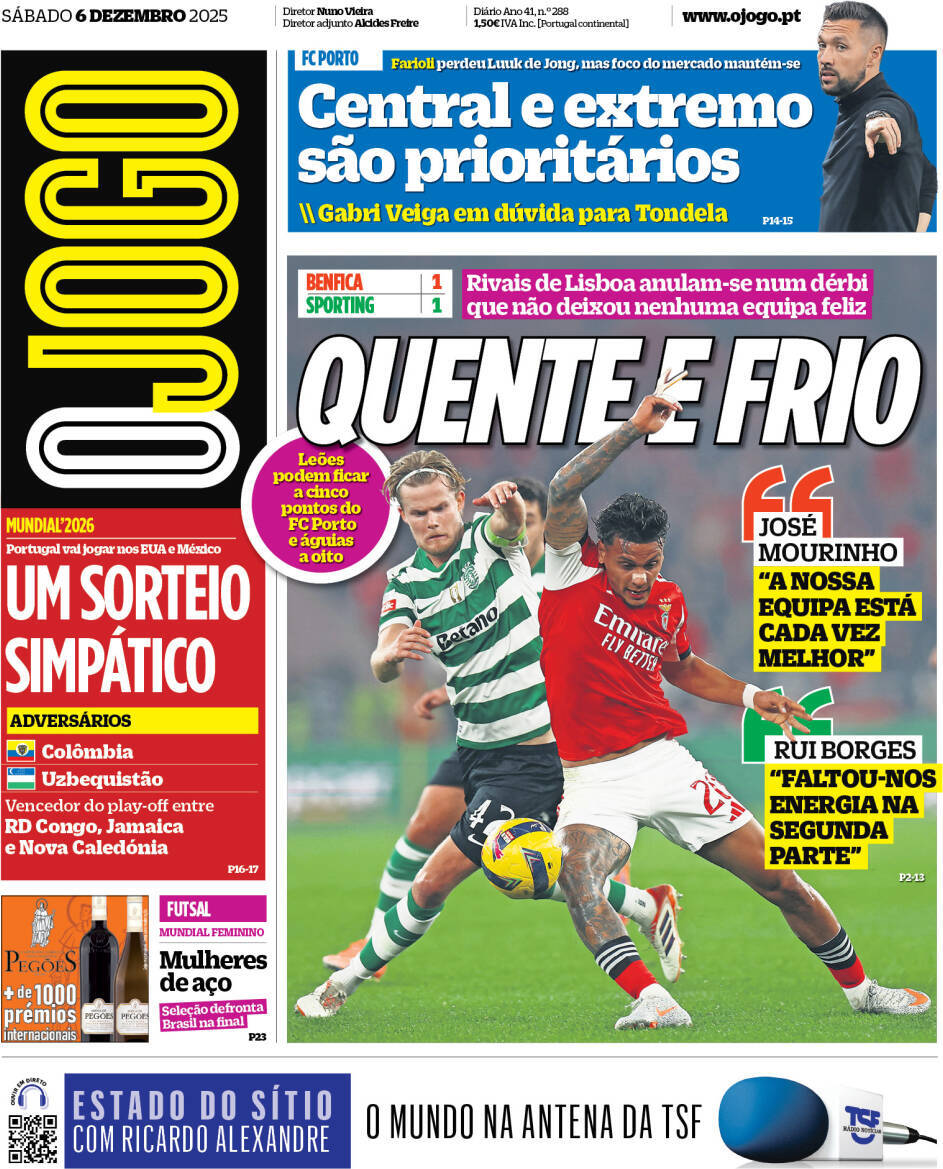 O Jogo: Capa da Edi&ccedil;&atilde;o de s&aacute;bado, 06 de dezembro 2025