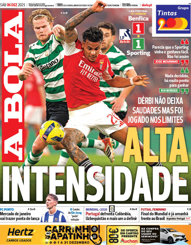 A Bola: Capa da Edi&ccedil;&atilde;o de s&aacute;bado, 06 de dezembro 2025
