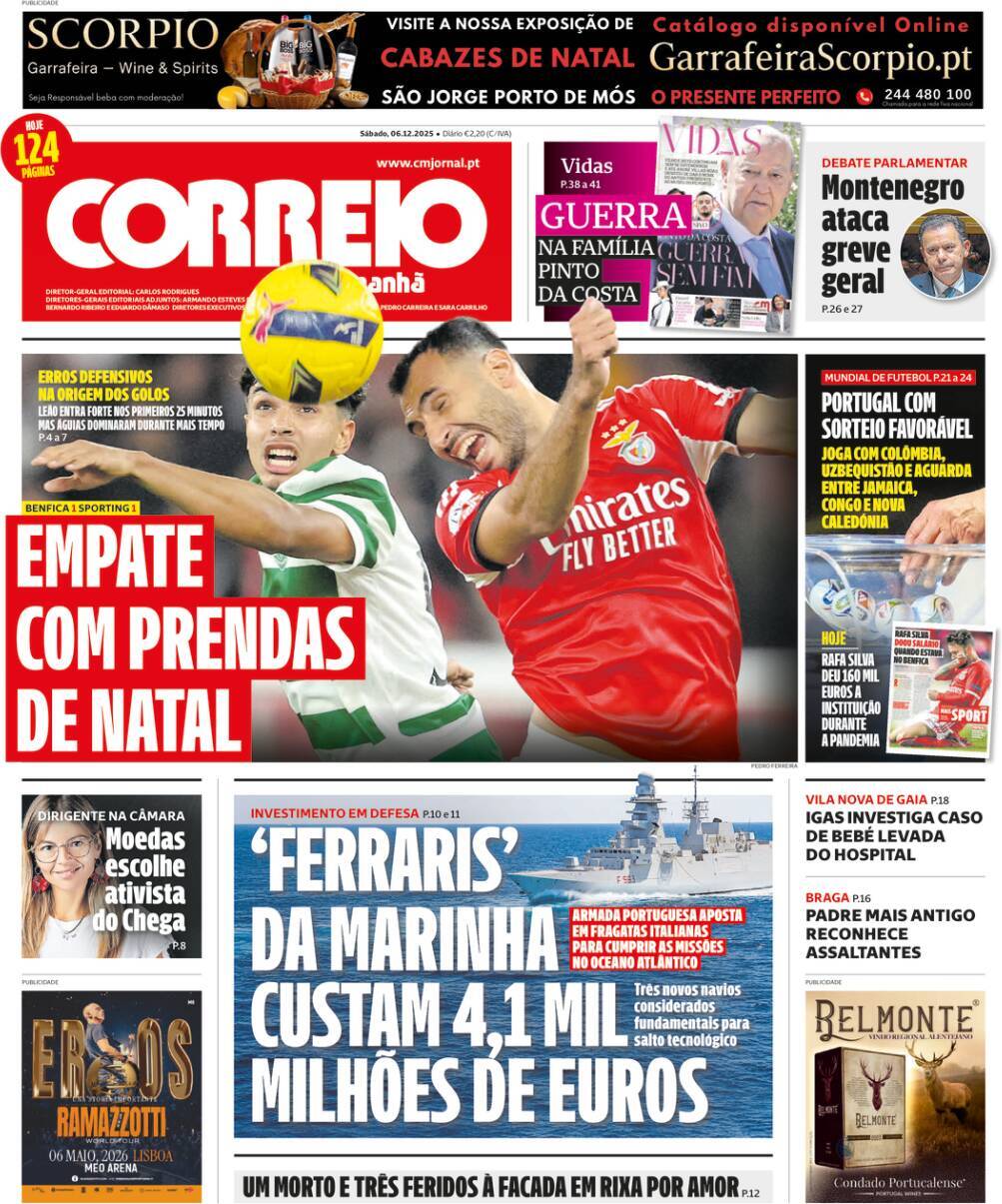 Correio da Manh&atilde;: Capa da Edi&ccedil;&atilde;o de s&aacute;bado, 06 de dezembro 2025