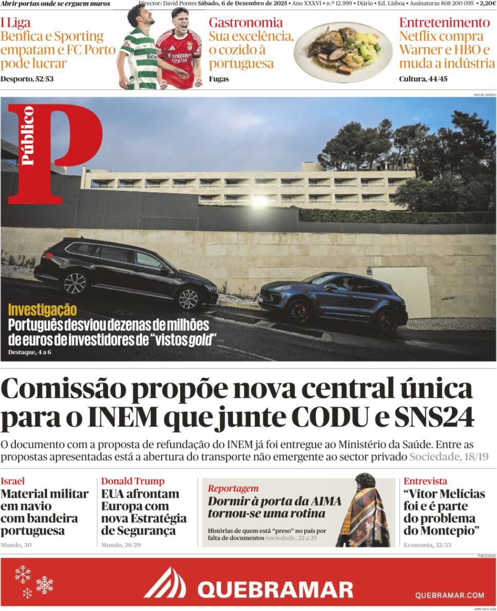 P&uacute;blico: Capa da Edi&ccedil;&atilde;o de s&aacute;bado, 06 de dezembro 2025