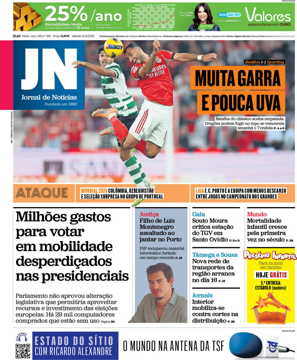 Jornal de Not&iacute;cias: Capa da Edi&ccedil;&atilde;o de s&aacute;bado, 06 de dezembro 2025
