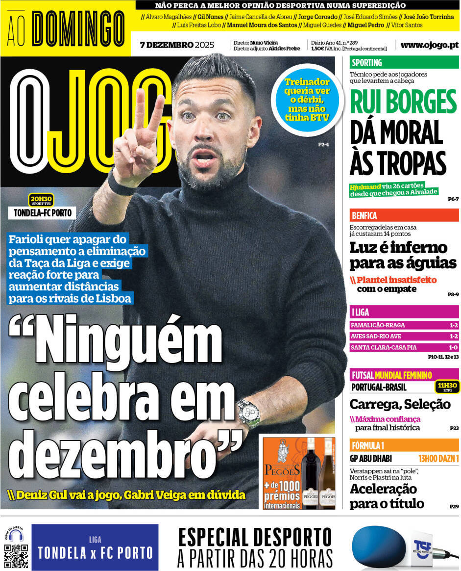 O Jogo: Capa da Edi&ccedil;&atilde;o de domingo, 07 de dezembro 2025