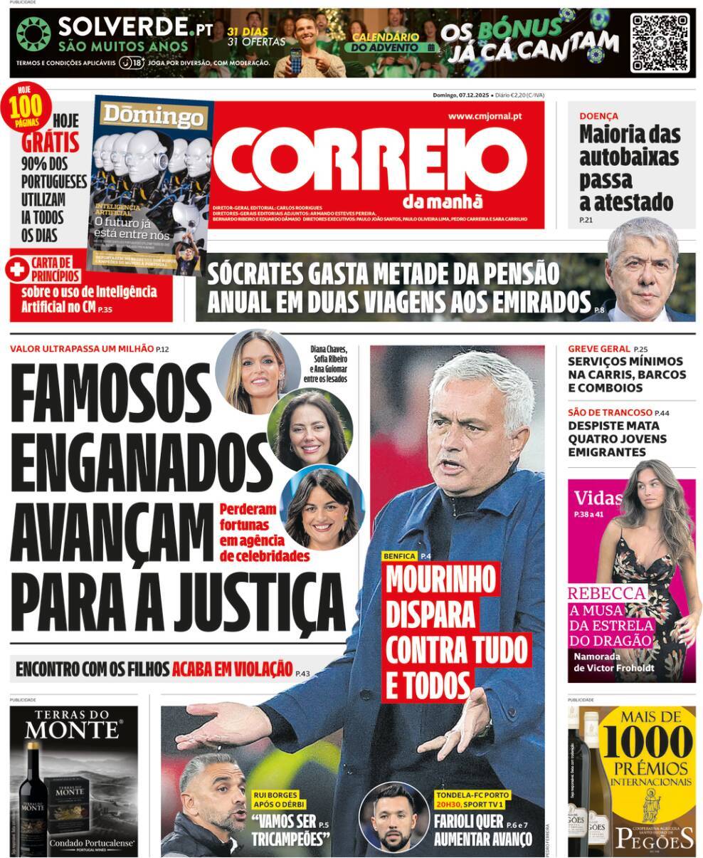 Correio da Manh&atilde;: Capa da Edi&ccedil;&atilde;o de domingo, 07 de dezembro 2025