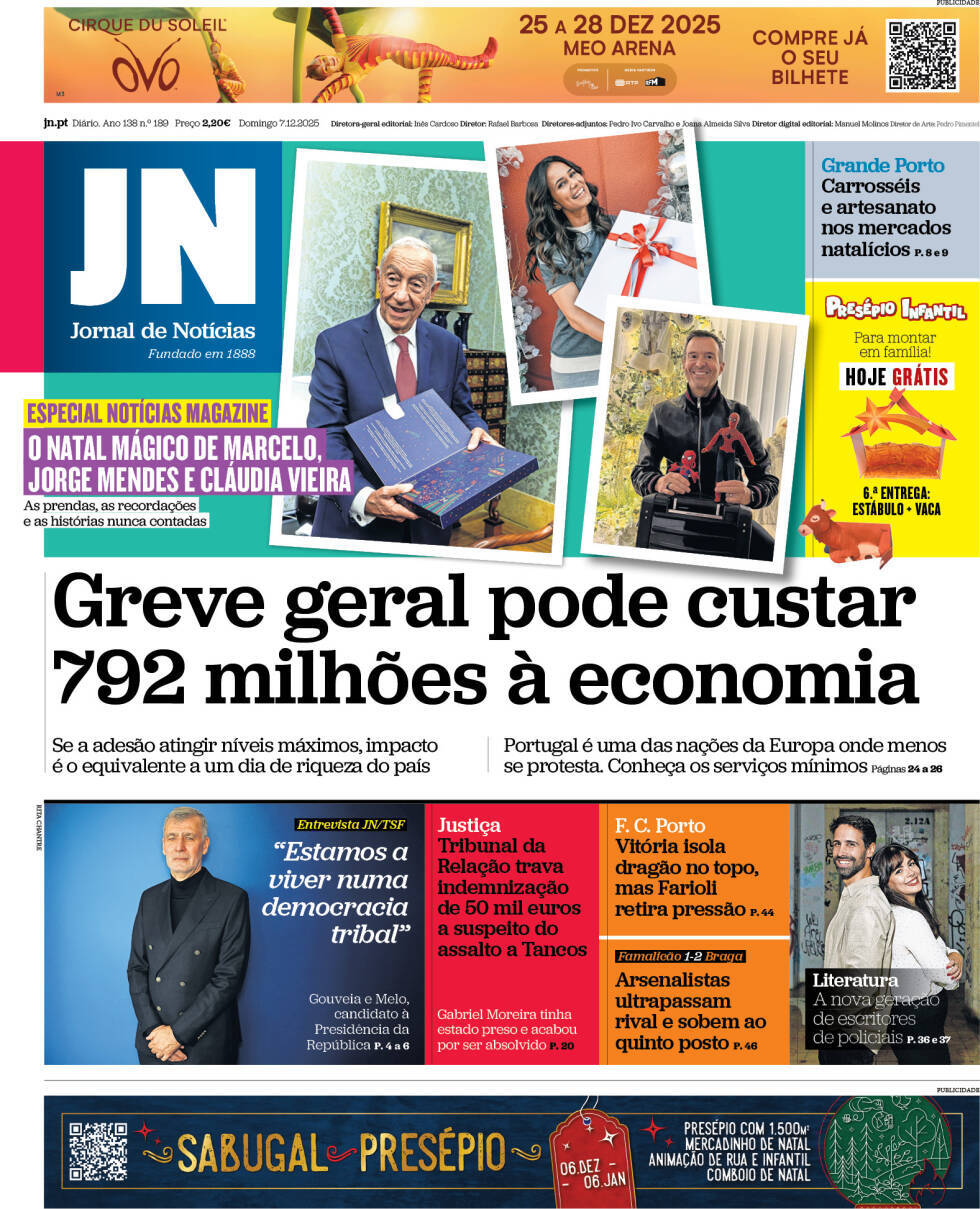 Jornal de Not&iacute;cias: Capa da Edi&ccedil;&atilde;o de domingo, 07 de dezembro 2025