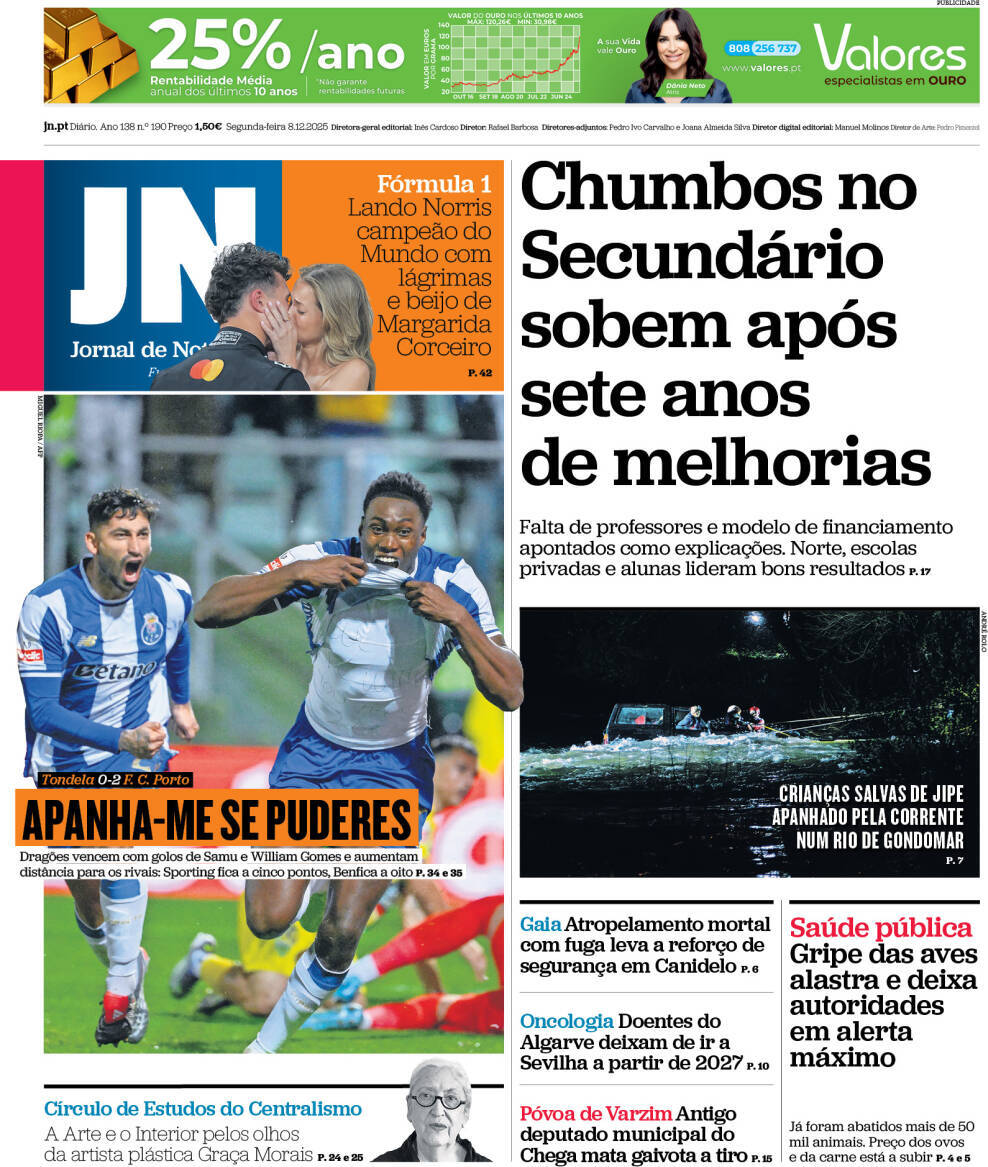 Jornal de Not&iacute;cias: Capa da Edi&ccedil;&atilde;o de segunda-feira, 08 de dezembro 2025