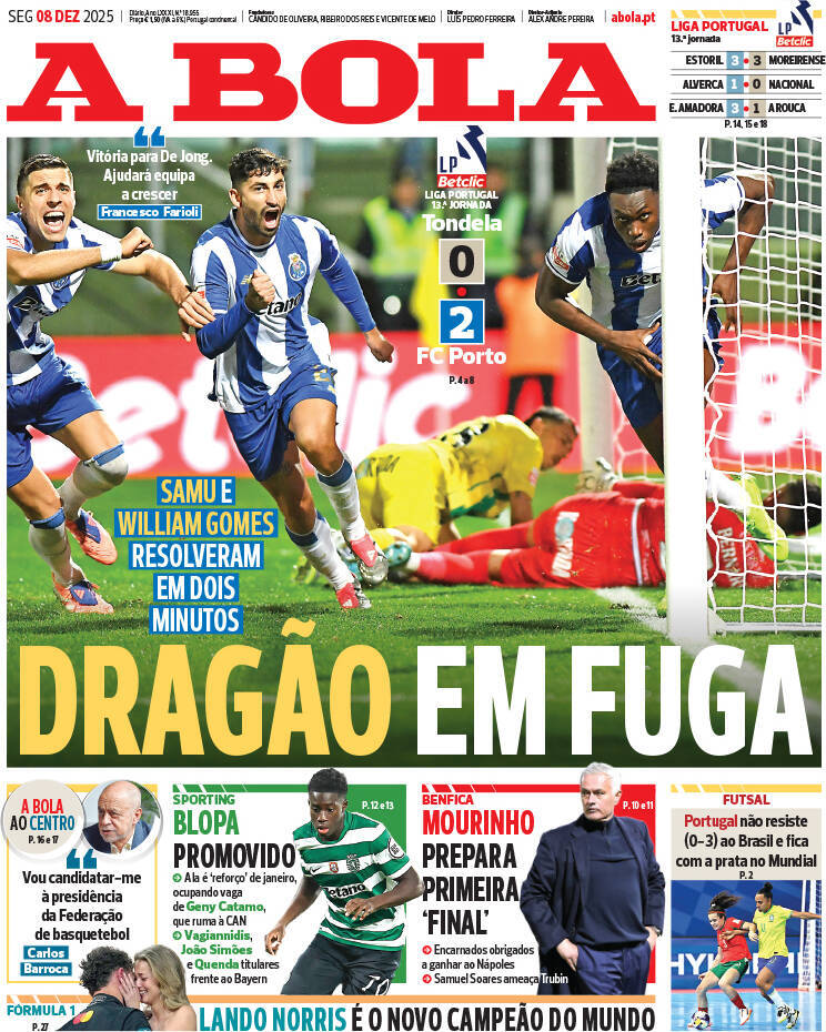 A Bola: Capa da Edi&ccedil;&atilde;o de segunda-feira, 08 de dezembro 2025
