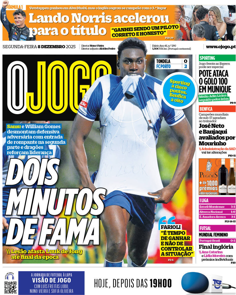 O Jogo: Capa da Edi&ccedil;&atilde;o de segunda-feira, 08 de dezembro 2025