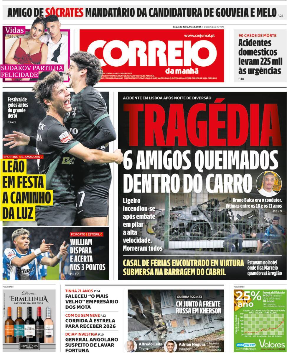 Correio da Manh&atilde;: Capa da Edi&ccedil;&atilde;o de segunda-feira, 01 de dezembro 2025